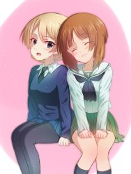 Rule 34 | 2girls, black neckwear, black socks, blonde hair, blouse, blue eyes, blue skirt, blue sweater, blush, braid, brown hair, closed mouth, commentary request, darjeeling (girls und panzer), dress shirt, girls und panzer, hands on lap, highres, invisible chair, kneehighs, leaning on person, long sleeves, looking at another, miniskirt, multiple girls, neckerchief, necktie, nishizumi miho, ooarai school uniform, open mouth, pantyhose, partial commentary, pink background, pleated skirt, rurikoke, sailor collar, school uniform, serafuku, shirt, short hair, side-by-side, sitting, skirt, smile, socks, st. gloriana&#039;s school uniform, sweater, twin braids, v-neck, white sailor collar, white shirt, wing collar, yuri