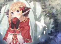 Rule 34 | 1girl, animal ears, black gloves, blonde hair, blue eyes, blush, bow, bug, butterfly, capelet, food, fruit, gloves, hair bow, highres, holding, holding food, holding fruit, hood, hood down, horns, insect, little red riding hood, little red riding hood (grimm), long sleeves, looking at viewer, nagitoki, outdoors, red bow, sleeve cuffs, solo, tree, upper body