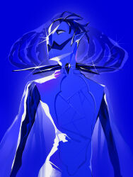 Rule 34 | 1other, arms at sides, ascot, blue background, blue hair, colored skin, cowboy shot, cracked skin, crystal hair, facing viewer, floating hair, golden arms, highres, houseki no kuni, injury, light particles, moon uniform (houseki no kuni), one-eyed, other focus, phosphophyllite, phosphophyllite (ll), see-through, see-through sleeves, short hair, sideways glance, simple background, solo, spoilers, upper body, white eyes, white skin, wide sleeves, xiaoxiaoguguzi