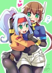 Rule 34 | 2girls, aile (mega man zx), arm around back, arms around waist, ashe (mega man), bad id, bad twitter id, belt, blue hair, blush, bodysuit, breasts, brown hair, cropped jacket, green background, green eyes, hair between eyes, hand on another&#039;s head, headband, heart, high ponytail, highres, hug, layered sleeves, long hair, long sleeves, mega man (series), mega man zx, mega man zx advent, multiple girls, navel, open mouth, pantyhose, pantyhose under shorts, ponytail, robot ears, sano akira, short over long sleeves, short sleeves, shorts, simple background, smile, spoken heart, white shorts, yuri