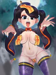 Rule 34 | 1girl, absurdres, areola slip, blue eyes, blue nails, breasts, brown hair, dutch angle, eyeshadow, hat, highres, jiangshi, jiangshi costume, large breasts, looking at viewer, makeup, nail polish, navel, navel piercing, ofuda, ofuda on nipples, open mouth, outstretched arms, painting fish, panties, pasties, piercing, shrug (clothing), side-tie panties, skullgirls, solo, squigly (skullgirls), thighhighs, thong, tongue, tongue out, twintails, underwear