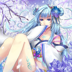 Rule 34 | 1girl, bad id, bad pixiv id, bare shoulders, beads, blue eyes, blue hair, blunt bangs, breasts, chest tattoo, cleavage, colored eyelashes, covering own mouth, double bun, eyeliner, eyeshadow, feather hair ornament, feathers, flipped hair, floral print, frills, hair bun, hair intakes, hair ornament, hand over own mouth, ice, japanese clothes, leg tattoo, legs, long hair, long sleeves, looking at viewer, makeup, mamo (fortune-mm), matching hair/eyes, md5 mismatch, medium breasts, midriff, off shoulder, original, outline, see-through, sitting, sleeves past wrists, snowflake hair ornament, solo, tattoo, transparent, tree, wide sleeves, yuki onna