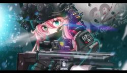 Rule 34 | 1girl, absurdres, armor, assault rifle, blood, blood splatter, commentary request, fn scar, freckles, gloves, green eyes, gun, headset, helmet, highres, iwasawayuki, letterboxed, looking at viewer, original, pink hair, rifle, scp foundation, solo, tactical clothes, weapon