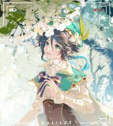 Rule 34 | 1boy, beret, black hair, blue hair, bow, bowtie, braid, branch, buttons, capelet, collared shirt, corset, flower, frills, gem, genshin impact, gradient hair, green capelet, green eyes, green gemstone, green hat, hair between eyes, hand up, hat, hat flower, hat ornament, highres, leaf, leaf hat ornament, long sleeves, looking at viewer, male focus, multicolored bow, multicolored bowtie, multicolored hair, open mouth, petals, puffy long sleeves, puffy sleeves, purple bow, purple bowtie, shirt, short hair, smile, solo, sparkle, standing, striped bow, striped bowtie, striped clothes, tongue, tree, twin braids, u37777123, venti (genshin impact), viewfinder, water, white flower, white shirt, wing collar, yellow bow, yellow bowtie