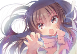 Rule 34 | 1girl, blush, bow, bowtie, brown eyes, brown hair, capelet, claw pose, commentary request, fang, floating hair, hair between eyes, hair ribbon, hano haruka, light particles, little busters!, long hair, looking at viewer, natsume rin, open mouth, pink bow, pink bowtie, ribbon, simple background, skin fang, solo, upper body, white background