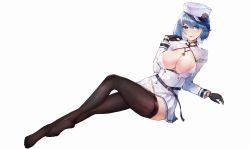 Rule 34 | 1girl, azur lane, black gloves, black thighhighs, blue eyes, blue hair, blush, breasts, chapayev (azur lane), covered erect nipples, gloves, hair ornament, hairclip, hat, highres, jacket, large breasts, looking at viewer, military hat, mole, mole on breast, peaked cap, short hair, simple background, smile, solo, thighhighs, white background, white hat, white jacket, xue yue (zero)