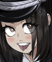 ahegao aroused black_hair blush drooling ears_visible_through_hair hat highres kill-chan looking_at_viewer military military_hat military_uniform nazi orange_eyes original peaked_cap portrait saki_(c_ybrbnby) saliva shirt sidelocks teeth tongue tongue_out upper_teeth_only white_shirt