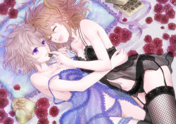 Rule 34 | 2girls, alternate costume, arm around waist, babydoll, black legwear, black panties, blue panties, box, breasts, bridal garter, candy, chocolate, chocolate heart, cleavage, collarbone, closed eyes, fate/grand order, fate (series), feeding, flower, food, frilled panties, frills, fujimaru ritsuka (female), garter belt, garter straps, happy, heart, heart-shaped box, lace, lace-trimmed legwear, lace-trimmed panties, lace trim, large breasts, lingerie, looking at another, lying, mash kyrielight, multiple girls, navel, on side, open mouth, panties, pillow, plughost, purple eyes, rose, scrunchie, side ponytail, stomach, strap slip, thigh scrunchie, thighhighs, underwear, valentine, yuri