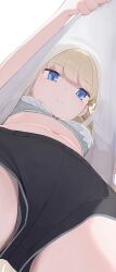 Rule 34 | 1girl, black shorts, blonde hair, blue archive, bra, closed mouth, clothes lift, commentary, from below, halo, highres, hiroki (yyqw7151), lifting own clothes, long hair, navel, panties, panties under shorts, shirt, shirt lift, shorts, simple background, solo, thighs, toki (blue archive), underwear, upshirt, white background, white bra, white panties, white shirt