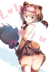 Rule 34 | 10s, 1girl, absurdres, animal ears, bear ears, paw stick, blue eyes, blush, bow, bowtie, brown bow, brown hair, brown skirt, gloves, headband, highres, japari symbol, kanzakietc, kemono friends, kodiak bear (kemono friends), looking at viewer, looking back, low twintails, open mouth, panties, pink bow, pink headband, pink panties, pink scrunchie, plaid, plaid panties, scrunchie, shirt, skirt, sleeveless, sleeveless shirt, solo, thighs, twintails, underwear, weapon, white background