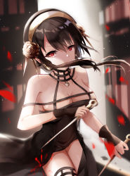 Rule 34 | 1girl, bare shoulders, black dress, black hair, breasts, brown hairband, cleavage, collarbone, commentary request, dress, dual wielding, floating hair, hair between eyes, hairband, highres, holding, long hair, looking at viewer, medium breasts, mutang, petals, red eyes, solo, spy x family, v-shaped eyebrows, yor briar
