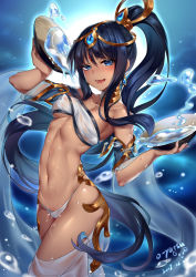 Rule 34 | 1girl, :d, armor, artist name, bare shoulders, black hair, blue eyes, bowl, breasts, collarbone, colored eyelashes, covered erect nipples, cowboy shot, dark-skinned female, dark skin, dated, earrings, fang, faulds, fingernails, forehead jewel, forever 7th capital, gem, headpiece, heart, heart-shaped pupils, highres, holding, holding bowl, jewelry, long fingernails, long hair, looking at viewer, medium breasts, naughty face, navel, neck ring, o-yatsu, open mouth, revision, see-through, shawl, sidelocks, signature, smile, solo, standing, stomach, symbol-shaped pupils, tsurime, underboob, very long hair, water, water drop, wet