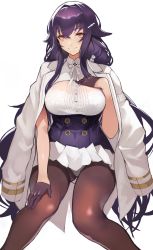Rule 34 | 1girl, absurdres, azuma (azur lane), azur lane, bad id, bad pixiv id, black gloves, black hair, black pantyhose, blush, breasts, brown eyes, closed mouth, gloves, hair between eyes, hair ornament, hairclip, half gloves, hand on own chest, highres, large breasts, long hair, looking at viewer, panties, pantyhose, pleated skirt, sidelocks, simple background, sitting, skirt, smile, solo, underwear, white panties, yoshio (55level)