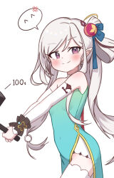 Rule 34 | 1girl, anger vein, blue archive, blue bow, blue dress, blush, bow, breasts, china dress, chinese clothes, closed mouth, commentary request, covered navel, cowboy shot, detached sleeves, dress, gba jasjas, grey hair, hair bow, hammer, high side ponytail, holding, holding hammer, long hair, looking at viewer, mahjong soul, medium bangs, mutsuki (blue archive), mutsuki (flowery charms) (blue archive), pointy ears, scrunchie, simple background, small breasts, smile, solo, spoken expression, strapless, strapless dress, thighhighs, white background, white sleeves, white thighhighs, wrist scrunchie