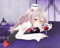 Rule 34 | 10s, 1girl, bad id, bad pixiv id, bottle, cointreau, cup, drinking glass, grey eyes, grey hair, hair between eyes, hat, highres, holding, kantai collection, leaning forward, long hair, parted lips, pleated skirt, pola (kancolle), red skirt, sitting, skirt, sleeves past wrists, solo, wavy hair, white hat, wine bottle, wine glass