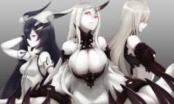 Rule 34 | 10s, 3girls, abyssal ship, aircraft carrier princess, anchorage water oni, bare shoulders, bbk (13zk), black hair, breasts, claws, cleavage, detached sleeves, dress, gradient background, grey background, highres, horns, huge breasts, kantai collection, long hair, long sleeves, looking at viewer, multiple girls, one side up, oversized forearms, oversized limbs, parted lips, red eyes, ribbed dress, seaport water oni, side ponytail, single horn, small breasts, torn clothes, white dress, white hair