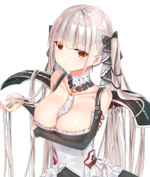 Rule 34 | 1girl, aoki chiaki, azur lane, between breasts, black dress, breasts, cleavage, dress, earrings, flight deck, formidable (azur lane), frilled dress, frills, gothic lolita, grey hair, hair ribbon, highres, jewelry, large breasts, lolita fashion, long hair, looking at viewer, neckwear between breasts, pantyhose, red eyes, ribbon, simple background, solo, twintails, two-tone dress, two-tone ribbon, very long hair, white background, white dress, white pantyhose