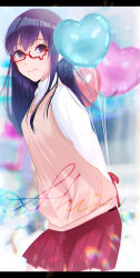 Rule 34 | 1girl, balloon, black hair, blurry, blurry background, breasts, character name, collared shirt, cowboy shot, dress shirt, from side, glasses, heart balloon, highres, kurono (wotochia), letterboxed, long hair, long sleeves, looking at viewer, looking to the side, miniskirt, pleated skirt, purple hair, red-framed eyewear, red ribbon, ribbon, semi-rimless eyewear, shirt, skirt, smile, solo, sweater vest, teardrop-framed glasses, under-rim eyewear, usami shiori, white shirt, world trigger
