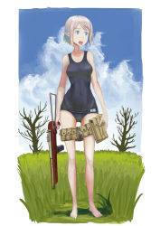 Rule 34 | 1girl, absurdres, blonde hair, blue eyes, blue sky, breasts, cloud, collarbone, commentary, covered navel, day, elf, erica (naze1940), grass, gun, highres, holding, holding gun, holding weapon, m50 reising, medium breasts, one-piece swimsuit, open mouth, original, outdoors, pointy ears, pouch, revision, school swimsuit, short hair, silver hair, sky, solo, submachine gun, swimsuit, teeth, tongue, tongue out, tree, weapon, wet