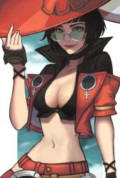 Rule 34 | 1girl, black hair, breasts, choker, fingerless gloves, gloves, green-tinted eyewear, green-tinted glasses, green eyes, guilty gear, guilty gear strive, hat, highres, i-no, jacket, large breasts, looking at viewer, looking over eyewear, looking over glasses, midriff, mole, mole above mouth, navel, red jacket, red lips, short hair, smile, sunglasses, tinted eyewear, venus symbol, very short hair, witch hat