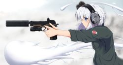 Rule 34 | 1girl, aiming, alternate costume, alternate weapon, badge, blue eyes, blush, breasts, commentary request, ear protection, from side, gun, hair ribbon, handgun, highres, holding, holding gun, holding weapon, jacket, konpaku youmu, konpaku youmu (ghost), looking to the side, military, pistol, ribbon, sasa (weldan6), serious, short hair, sig p226, sig sauer, silver hair, sleeves rolled up, small breasts, solo, suppressor, touhou, track jacket, trigger discipline, upper body, weapon