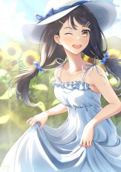 Rule 34 | 1girl, bare shoulders, black hair, blue bow, blue ribbon, blue sky, bow, breasts, cloud, cloudy sky, collarbone, commentary request, day, dress, eyelashes, field, flower, flower field, frilled dress, frills, hair ornament, hair ribbon, hairclip, happy, hat, hat bow, highres, lips, long hair, one eye closed, open mouth, original, outdoors, ribbon, roncle (roncle1), skirt hold, sky, sleeveless, sleeveless dress, small breasts, solo, spaghetti strap, summer, sun hat, sundress, sunflower, sunflower field, teeth, twintails, upper body, upper teeth only, white dress, white hat, yellow eyes