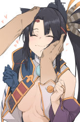 Rule 34 | 1girl, armor, asymmetrical sleeves, black hair, blue gloves, blush, closed eyes, detached sleeves, fate/grand order, fate (series), feather hair ornament, feathers, gloves, hair ornament, headpat, heart, highres, japanese armor, mismatched sleeves, out of frame, side ponytail, simple background, solo focus, uno ryoku, ushiwakamaru (fate), white background