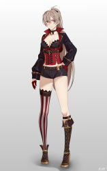 Rule 34 | 1girl, asymmetrical footwear, azur lane, belt, black choker, black coat, black shorts, boots, breasts, brown footwear, brown hair, chinese commentary, choker, cleavage, closed mouth, coat, corset, cross-laced clothes, cross-laced footwear, dated, earrings, full body, gloves, gradient background, grey background, hair between eyes, hand on own hip, highres, jean bart (azur lane), jewelry, knee boots, long hair, looking at viewer, medium breasts, midriff peek, open clothes, open coat, ponytail, red eyes, red gloves, red thighhighs, short shorts, shorts, simple background, single thighhigh, solo, standing, striped clothes, striped thighhighs, thighhighs, thighs, two-tone legwear, uneven footwear, vertical-striped clothes, vertical-striped thighhighs, white thighhighs, wsfw