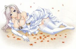 Rule 34 | 1girl, absurdres, blue eyes, breasts, charlotte hazellink, cleavage, dress, elbow gloves, garter straps, gloves, grey hair, highres, komori kei, lace, lace-trimmed legwear, lace trim, large breasts, leaf, lying, maple leaf, on side, princess lover, solo, thighhighs, tiara, wedding dress, white gloves, white thighhighs