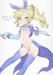 Rule 34 | 1girl, absurdres, animal ears, arms up, blonde hair, blue cape, blue panties, blue shirt, blue thighhighs, borrowed character, cape, commentary request, crop top, dagger, dual wielding, fake animal ears, flat chest, gloves, hairband, highleg, highleg panties, highres, holding, knife, long hair, makenai-chan, navel, no bra, open mouth, original, panties, rabbit ears, rabbit tail, revealing clothes, shirt, side ponytail, simple background, solo, tail, thighhighs, tomo (ryo i so ), underwear, waist cape, weapon, white background, white gloves, yellow eyes