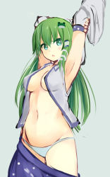 Rule 34 | 1girl, arm up, armpits, blush, breasts, clothes pull, cowboy shot, detached sleeves, frog hair ornament, green eyes, green hair, grey background, hair ornament, highres, irohara, kochiya sanae, long hair, looking at viewer, matching hair/eyes, navel, no bra, open clothes, open mouth, open shirt, panties, shirt, simple background, skirt, skirt pull, snake hair ornament, solo, stomach, stretching, touhou, underwear, white panties