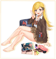 Rule 34 | 1girl, :3, :d, arm support, bag, bare legs, barefoot, blonde hair, blue bag, blurry, blush, bow, bowtie, breasts, brown bow, brown bowtie, brown hair, brown nails, brown skirt, choker, collarbone, cosmetics, ear piercing, earrings, feet, from side, fujimoto rina, grey eyes, hand up, heart, high-waist skirt, highres, idolmaster, idolmaster cinderella girls, idolmaster cinderella girls starlight stage, jewelry, lipstick tube, long hair, long sleeves, looking at viewer, magazine (object), multicolored hair, nail polish, necklace, open mouth, piercing, plaid, plaid skirt, pleated skirt, polka dot, polka dot bow, red bow, ring, sexy gals (idolmaster), shirt, sirurabbit, sitting, skirt, small breasts, smile, solo, thighs, two-tone hair, w, white shirt