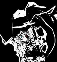 Rule 34 | 1girl, bad id, bad pixiv id, black background, f7(eiki), female focus, green eyes, greyscale, hat, looking at viewer, monochrome, scythe, simple background, solo, spot color, tatara kogasa, touhou, witch hat