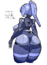 Rule 34 | 1girl, 30 minutes missions, ass, blue hair, breasts, curvy, exm-h15b acerby type-b, from behind, highres, large breasts, mecha, photo-referenced, ponytail, robot, simple background, sketch, solo, tanaki bouei, thick thighs, thighs, translation request, white background
