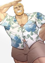 Rule 34 | 1boy, andrew (live a hero), andrew (the riptide) (live a hero), bara, blonde hair, brown male swimwear, brown swim trunks, closed eyes, drawstring, floral print, floral shirt, flower, hawaiian shirt, hibiscus, hibiscus print, highres, kansuke (kansuke 717), large pectorals, live a hero, male focus, male swimwear, midriff peek, muscular, muscular male, official alternate costume, pectorals, print shirt, shirt, short hair, simple background, smile, solo, swim trunks, swimsuit, teeth, white background, white shirt