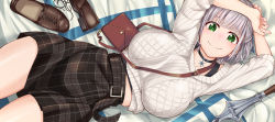 Rule 34 | 1girl, arms up, bag, bed sheet, black choker, black skirt, blue ribbon, blush, breasts, brown footwear, choker, closed mouth, commentary, commission, cowboy shot, cross-laced footwear, from above, green eyes, hair ribbon, handbag, highres, hololive, kosuke haruhito, large breasts, looking at viewer, lying, mace, midriff peek, miniskirt, official alternate costume, on back, on bed, plaid, plaid skirt, ribbed sweater, ribbon, shirogane noel, shirogane noel (casual), shoes, unworn shoes, short hair, silver hair, skeb commission, skirt, smile, snowflake choker, solo, sweater, thighs, virtual youtuber, weapon, white sweater