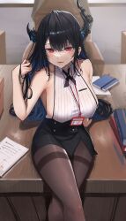 Rule 34 | 1girl, archinoer, asymmetrical horns, bare shoulders, black hair, black pantyhose, black skirt, blue hair, breasts, colored inner hair, cosplay, demon horns, hair between eyes, hair ornament, highres, hololive, hololive english, horns, houshou marine, houshou marine (businesswoman), houshou marine (cosplay), large breasts, long hair, looking at viewer, mole, mole under eye, multicolored hair, nerissa ravencroft, open mouth, pantyhose, red eyes, shirt, sitting, skirt, sleeveless, sleeveless shirt, smile, solo, two-tone hair, uneven horns, virtual youtuber, white shirt
