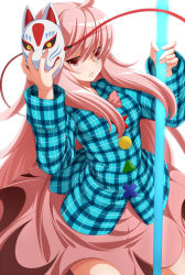 Rule 34 | 1girl, ahoge, bow, bubble skirt, buttons, cowboy shot, eichi yuu, fox mask, frown, hata no kokoro, highres, holding, holding mask, long hair, long sleeves, mask, mask on head, orb, pink bow, pink hair, plaid, plaid shirt, red eyes, shirt, simple background, skirt, solo, touhou, very long hair, white background