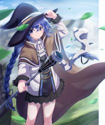 Rule 34 | 1girl, absurdres, adjusting clothes, adjusting headwear, arm up, bad id, bad pixiv id, black hat, black ribbon, black skirt, blue background, blue eyes, blue hair, blue sky, blurry, blurry foreground, braid, brown cape, brown capelet, cape, capelet, closed mouth, cloud, cloudy sky, collared shirt, commentary request, crossed bangs, day, eyebrows hidden by hair, feet out of frame, film grain, grass, green background, grey shirt, hair between eyes, hair ribbon, hat, highres, holding, holding staff, jacket, leaf, liquid, long hair, long sleeves, looking at viewer, mushoku tensei, outdoors, ribbon, roxy migurdia, shirt, sidelocks, skirt, sky, sleeves past wrists, smile, solo, staff, standing, tirudo29, twin braids, two-tone background, very long hair, white jacket, white trim, wind, witch hat