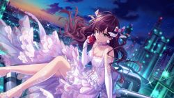Rule 34 | 1girl, bow, brown hair, choker, cloud, commentary request, dress, dusk, dutch angle, earrings, elbow gloves, flower, gloves, hair bow, ichinose shiki, idolmaster, idolmaster cinderella girls, jewelry, lace, lace-trimmed dress, lace-trimmed legwear, lace trim, lights, long hair, looking at viewer, night, night sky, nigou, oil refinery, piping, rose, sitting, sky, solo, star (sky), white dress