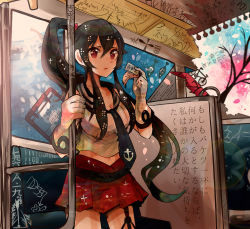Rule 34 | 10s, 1girl, anchor symbol, black hair, breasts, cleavage, gloves, itomugi-kun, kantai collection, large breasts, midriff, miniskirt, navel, necktie, ponytail, red eyes, skirt, solo, train, train interior, yahagi (kancolle)