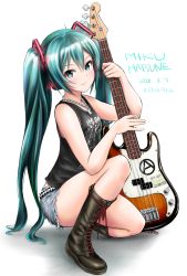Rule 34 | 1girl, 39, aqua eyes, aqua hair, bare arms, bare shoulders, bass guitar, black footwear, black shirt, boots, character name, commentary request, cross-laced footwear, cutoffs, dated, denim, denim shorts, fender precision bass, flick (sal23), grey shorts, hair ornament, hatsune miku, highres, holding, instrument, jewelry, lace-up boots, long hair, looking at viewer, necklace, on one knee, shadow, shirt, short shorts, shorts, simple background, sleeveless, sleeveless shirt, smile, solo, thighs, twintails, very long hair, vocaloid, white background