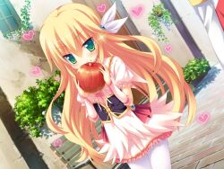 1girl apple blonde_hair blush dress female_focus food fruit game_cg green_eyes happy happy_aura iris_milla_serpettane long_hair looking_at_viewer pink_dress simple_background zettai_saikyou_oppai_sensou!!