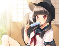 Rule 34 | 1girl, animal ears, black hair, blush, day, eating, food, fox ears, fox tail, hair ribbon, loafers, long hair, looking at viewer, low twintails, midorikawa you, neckerchief, open mouth, original, outdoors, popsicle, red eyes, red neckerchief, ribbon, school uniform, serafuku, shade, shoes, short sleeves, sitting, skirt, solo, sweat, tail, twintails, white legwear