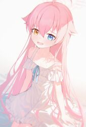Rule 34 | 1girl, absurdres, ahoge, blue archive, blue eyes, blush, collarbone, cowboy shot, dress, fang, halo, heterochromia, highres, hoshino (blue archive), long hair, looking at viewer, official alternate costume, open mouth, pink hair, pink halo, ratto (ratto channel), simple background, skin fang, solo, white background, white dress, yellow eyes