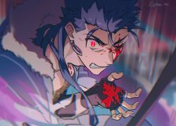 Rule 34 | 1boy, angry, blood, blood on hands, bloody tears, blue hair, blurry, capelet, clenched teeth, commentary request, corruption, cu chulainn (caster) (fate), cu chulainn (fate), depth of field, earrings, fate/grand order, fate (series), from above, fur-trimmed hood, fur trim, gloves, glowing, glowing eye, hand up, hikaru (asteriskring), hood, hooded capelet, jewelry, long hair, looking at viewer, one eye closed, red eyes, solo, spiked hair, staff, teeth, twitter username, upper body