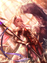 Rule 34 | 1girl, absurdres, armor, bad id, bad pixiv id, dragoon, highres, holding, holding weapon, long hair, looking at viewer, monster, original, pink hair, pointy ears, red eyes, solo, sword, weapon, yazuwo