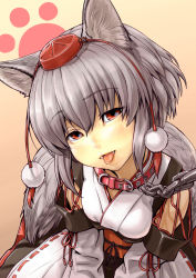 Rule 34 | 1girl, :p, animal ears, bad id, bad pixiv id, breasts, chain, collar, detached sleeves, face, fangs, female focus, grey hair, hat, head tilt, highres, inubashiri momiji, leash, looking at viewer, obi, red eyes, sash, shiba itsuki, short hair, simple background, solo, tail, tassel, tokin hat, tongue, tongue out, touhou, v arms, wolf ears, wolf tail