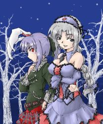 Rule 34 | &gt;:d, 2girls, :d, adapted costume, alternate costume, alternate hairstyle, animal ears, bare shoulders, bare tree, belt, between breasts, bow, braid, breasts, casual, chain, cleavage, collar, covered erect nipples, detached sleeves, dress, female focus, frilled dress, frills, gothic lolita, grey eyes, grey hair, grin, hair bow, hairband, light purple hair, lolita fashion, looking at viewer, medium breasts, miniskirt, multiple girls, necktie, night, night sky, oekaki, open mouth, outdoors, parted bangs, pleated skirt, ponytail, rabbit ears, red eyes, reisen udongein inaba, single braid, skirt, sky, small breasts, smile, star (sky), touhou, tree, v-shaped eyebrows, walking, yagokoro eirin