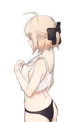 Rule 34 | 1girl, absurdres, ahoge, ass, back, black bow, black panties, blonde hair, bow, breasts, cleavage, closed eyes, clothes pull, cowboy shot, crop top, fate/grand order, fate (series), from behind, hair bow, highres, koha-ace, no pants, okita souji (fate), panties, parted lips, ponytail, rokstor, shirt, shirt pull, short hair, short ponytail, simple background, solo, sweat, underwear, white background, white shirt